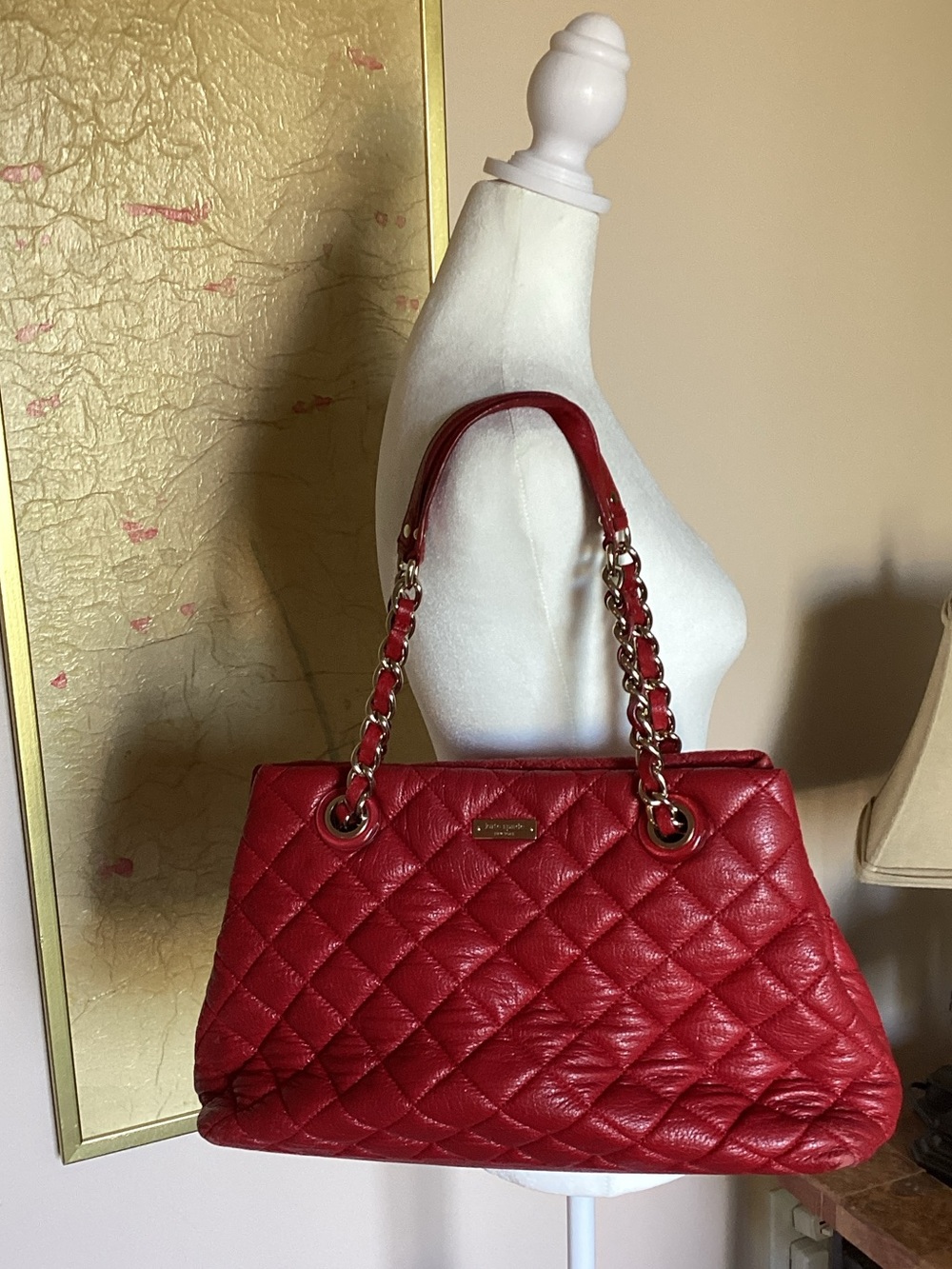 kate spade Red Quilted Leather Shoulder Bag with Gold Chain Straps